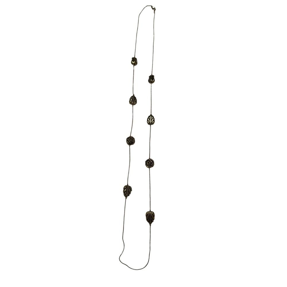 Long Silver Tone Station Necklace Bronze Rose and Leaf Charms Layering Boho